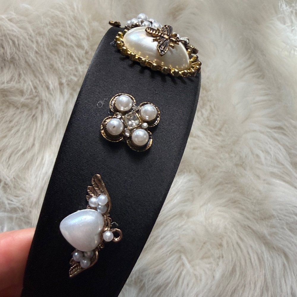 Bee pearl Headband black baroque inspired faux pearls gold tone Victorian *flaw - Picture 7 of 17